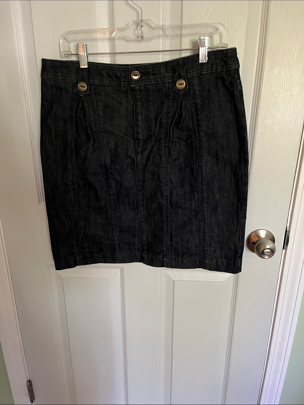 Pilcro and the Letterpress Navy Denim Pencil Skirt with Gold Buttons